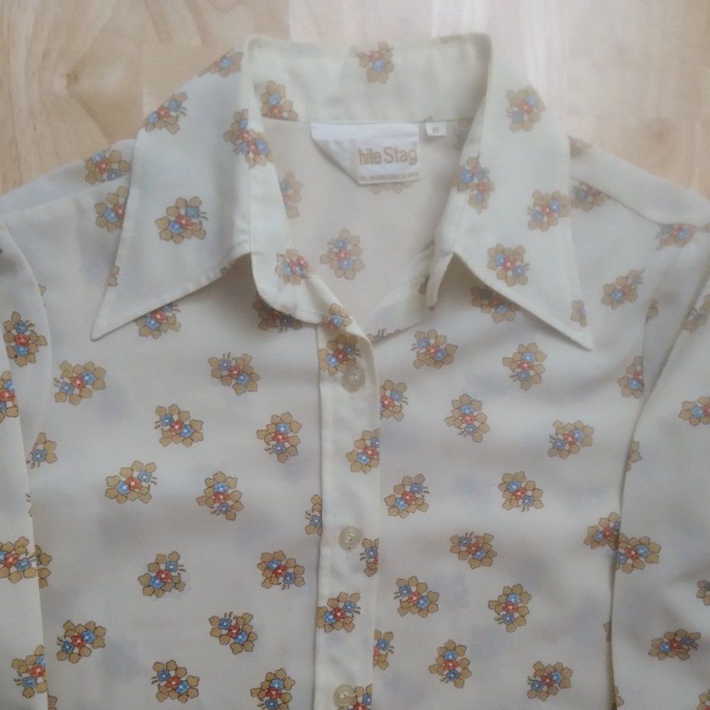 Vintage 70s White Stag Floral Polyester Disco Shirt